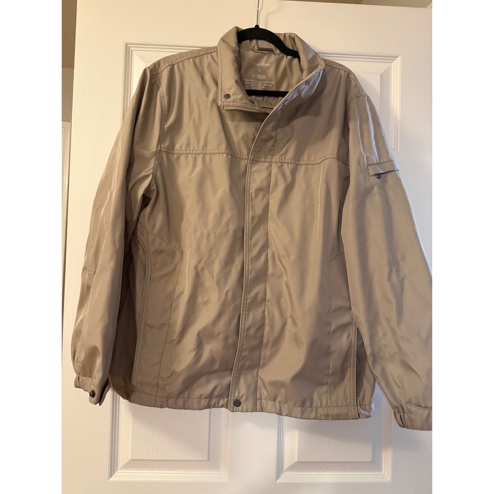 Calvin Klein Mens Water Resistant Windbreaker Jacket Tan Khaki Full Zip Medium